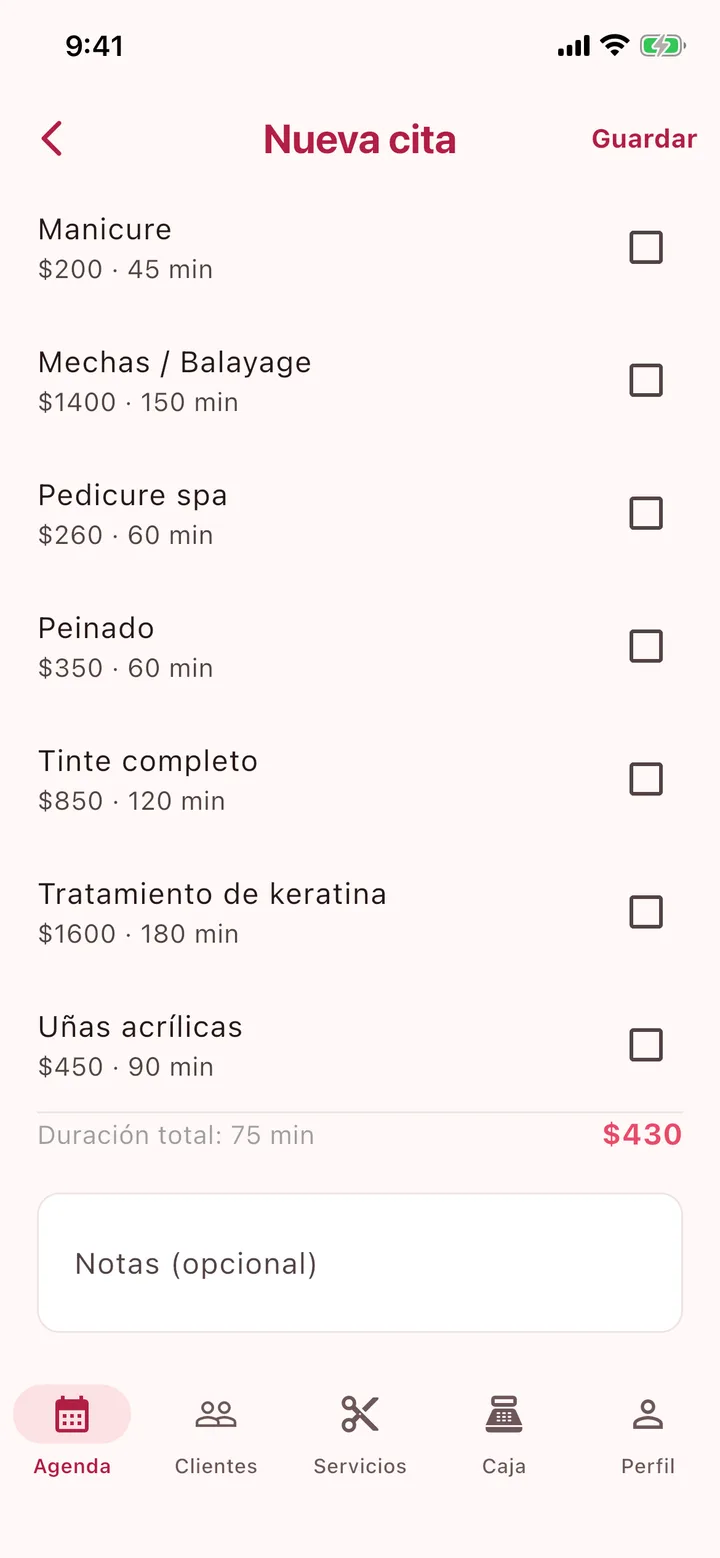 Nueva cita con servicios marcados, duración total y precio total