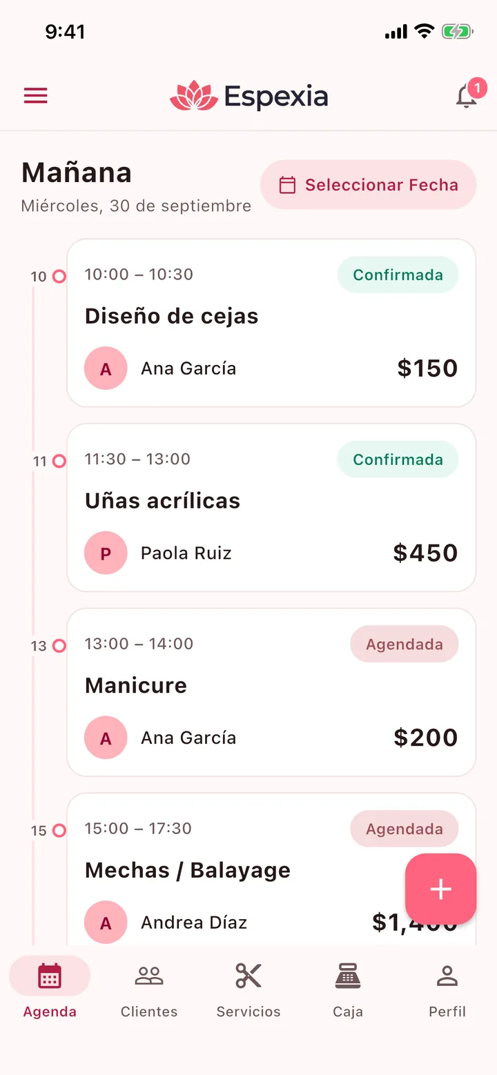 Agenda de citas de un salón de belleza en la app Espexia
