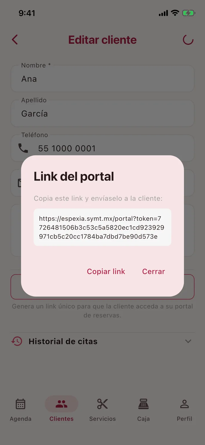 Ventana Link del portal con el botón Copiar link